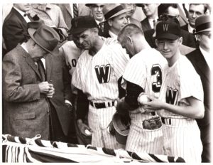 President Eisenhower, Cookie Lavagetto, Whitey Herzog, & Jim Ryan, Red Sox Manager Pinky Higgins behind Lavagetto